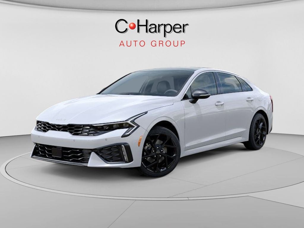 2026 Kia K5 GT-Line in Snow White Pearl — front three-quarter view